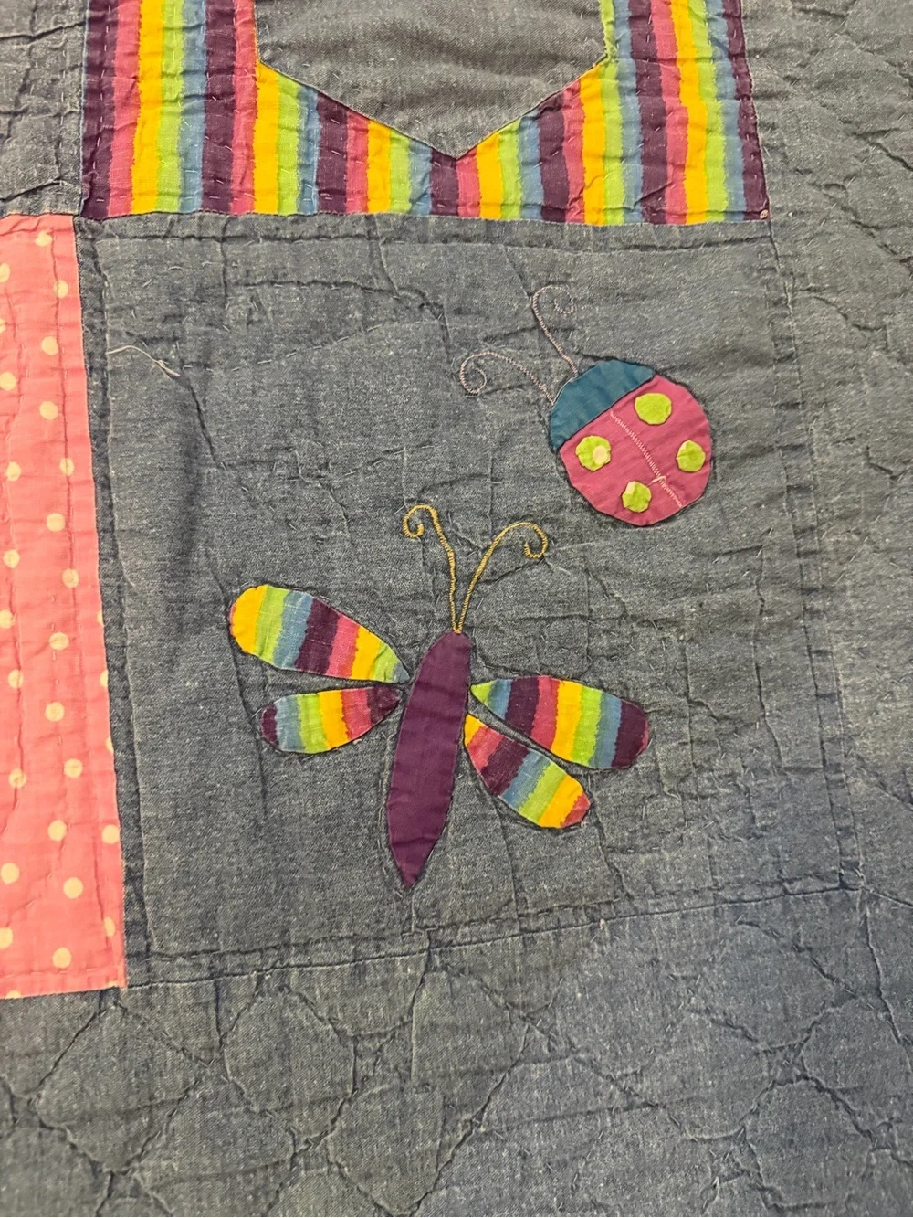Vintage Handmade Applique Rainbow Quilt Twin 80x80” Floral Butterfly Patchwork